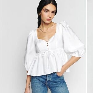 Reformation Abigail Linen White Puff Sleeve Blouse